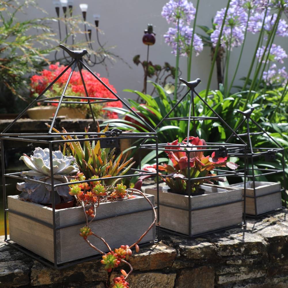 Set3 jardinières jardin extérieur bois métal marron 25-36-38cm Chemin de campagne - Imagen 2