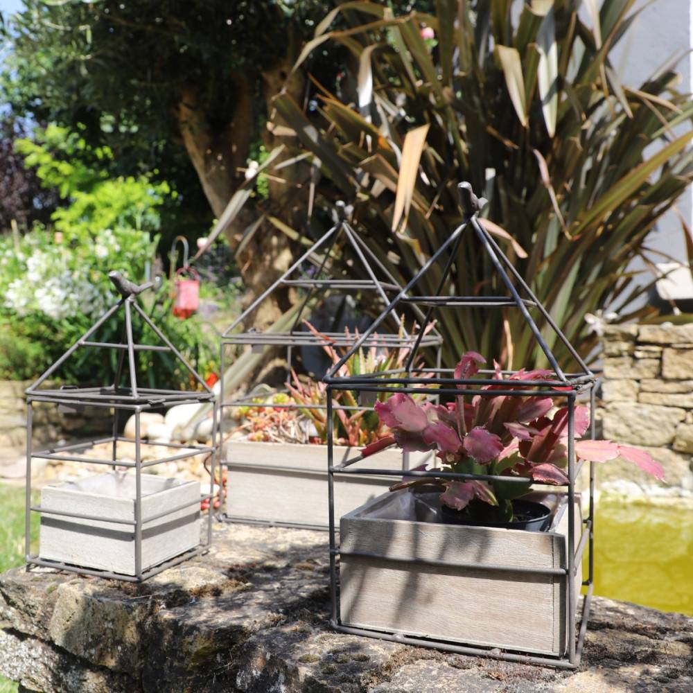 Set3 jardinières jardin extérieur bois métal marron 25-36-38cm Chemin de campagne - Imagen 4