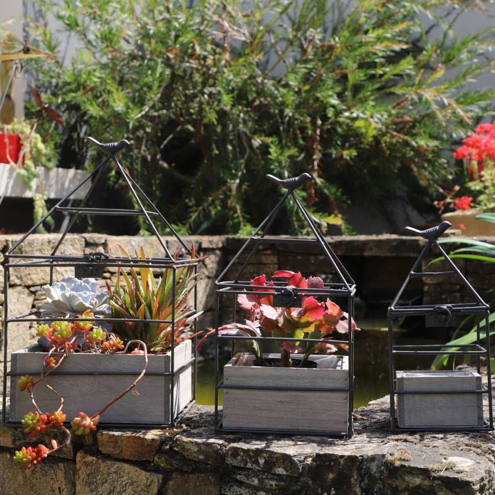 Set3 jardinières jardin extérieur bois métal marron 25-36-38cm Chemin de campagne - Imagen 3