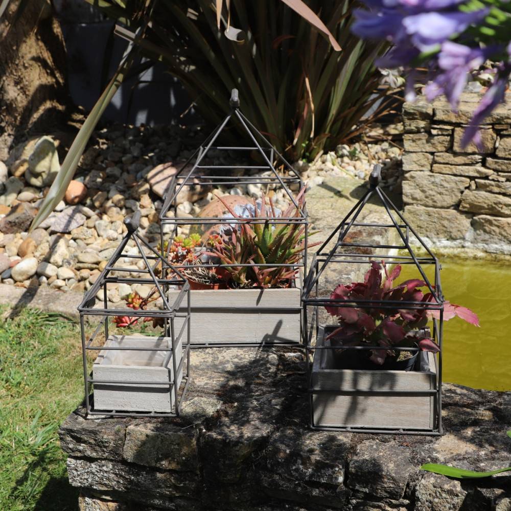 Set3 jardinières jardin extérieur bois métal marron 25-36-38cm Chemin de campagne - Imagen 5