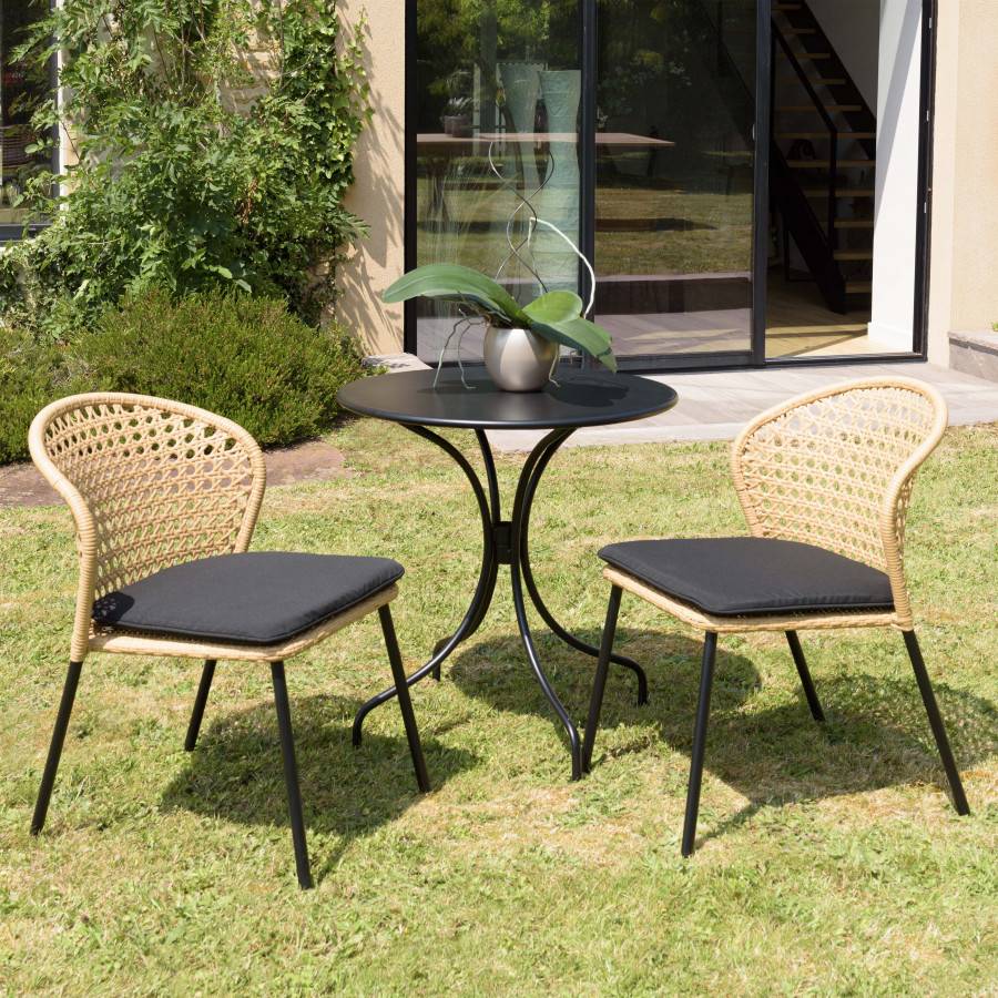 Macabane - MALO - SALON DE JARDIN 2 PERS. - Table ronde 70x70cm et 2 chaises beiges et noires en rotin synthétique - Imagen 2