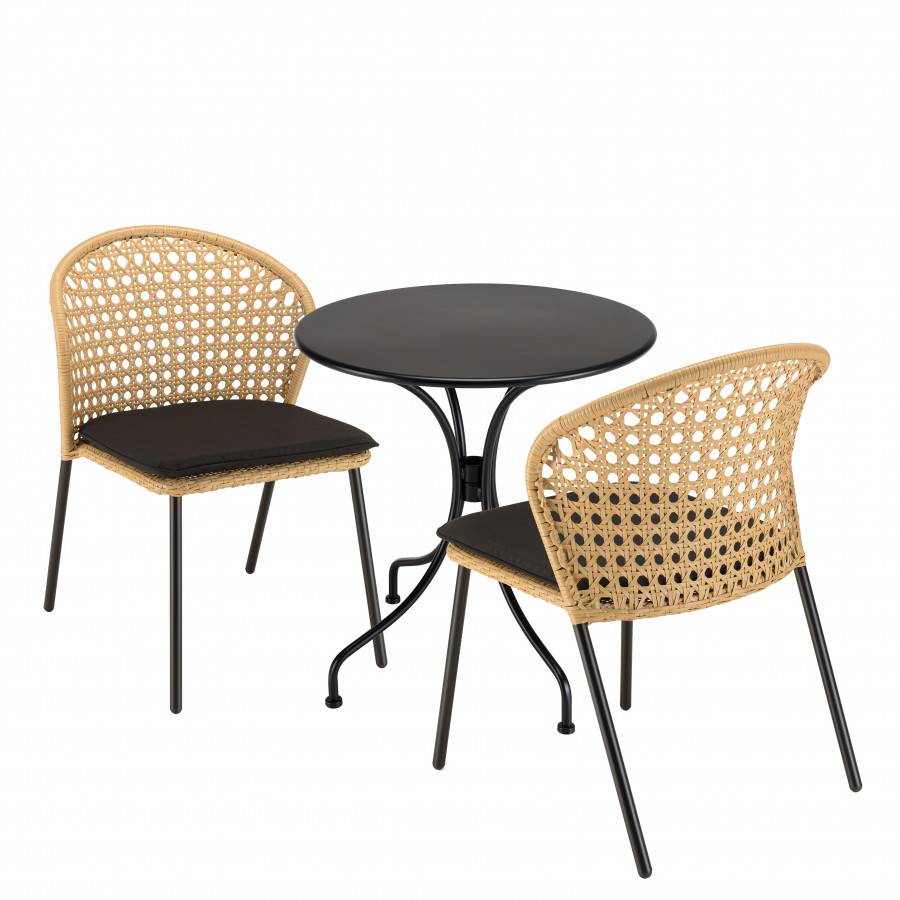 Macabane - MALO - SALON DE JARDIN 2 PERS. - Table ronde 70x70cm et 2 chaises beiges et noires en rotin synthétique - Imagen 1