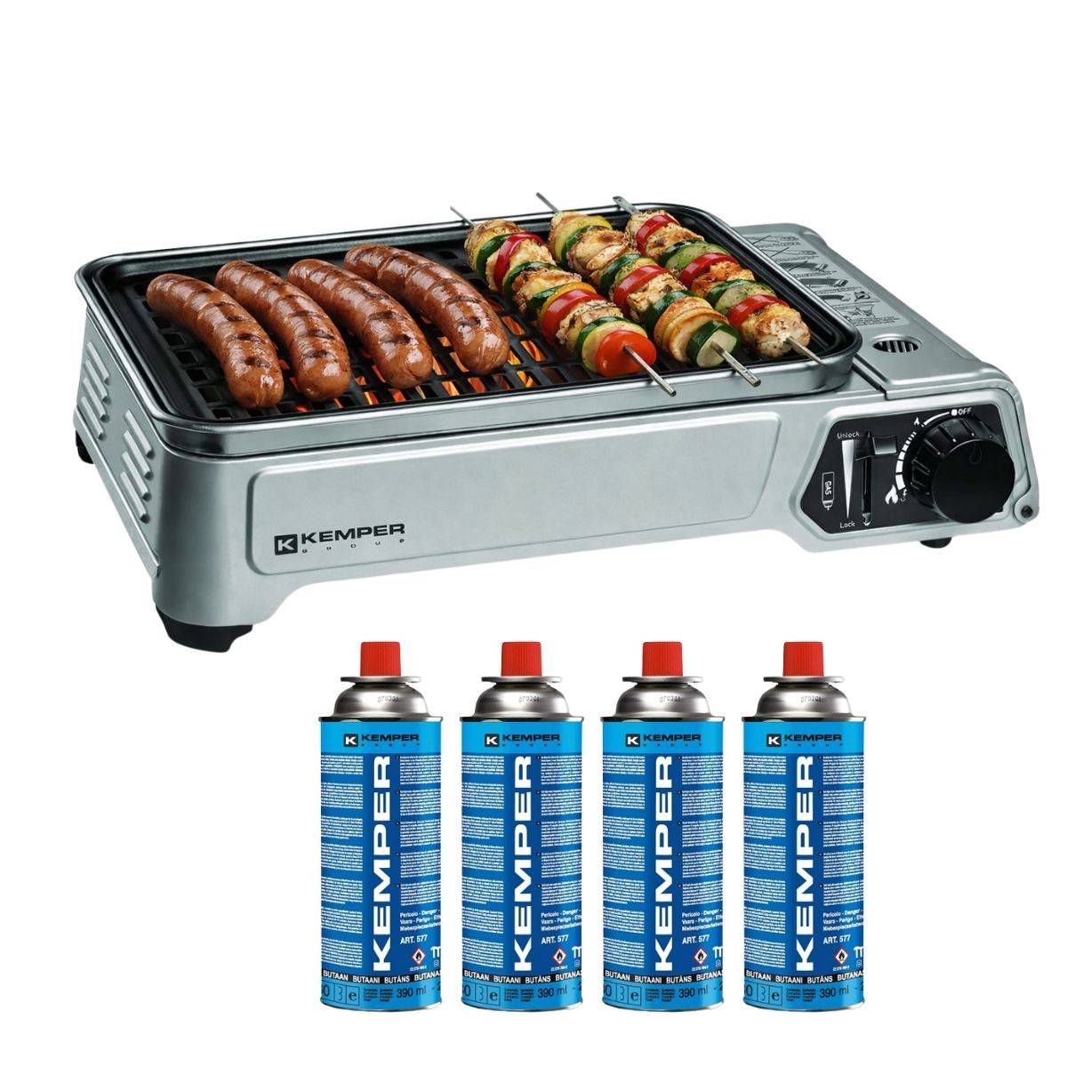 Barbecue à gaz portable 1900W Grille anti adhesive + 4 cartouches gaz Camping + Mallette de transport Cuisson nomade KEMPER - Imagen 1