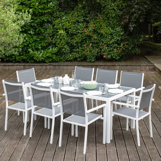 Salon de jardin BARI en textilène gris 8 places - aluminium blanc - HAPPY GARDEN - Imagen 2