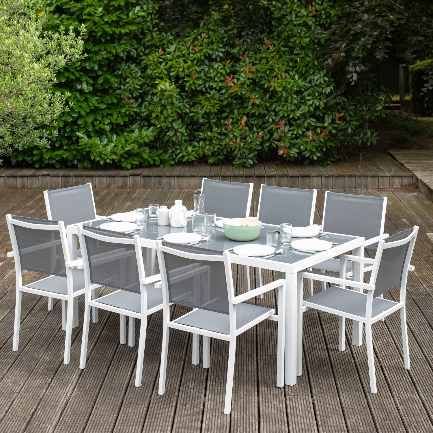 Salon de jardin BARI en textilène gris 8 places - aluminium blanc - HAPPY GARDEN - Imagen 2