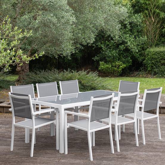 Salon de jardin BARI en textilène gris 8 places - aluminium blanc - HAPPY GARDEN - Imagen 9