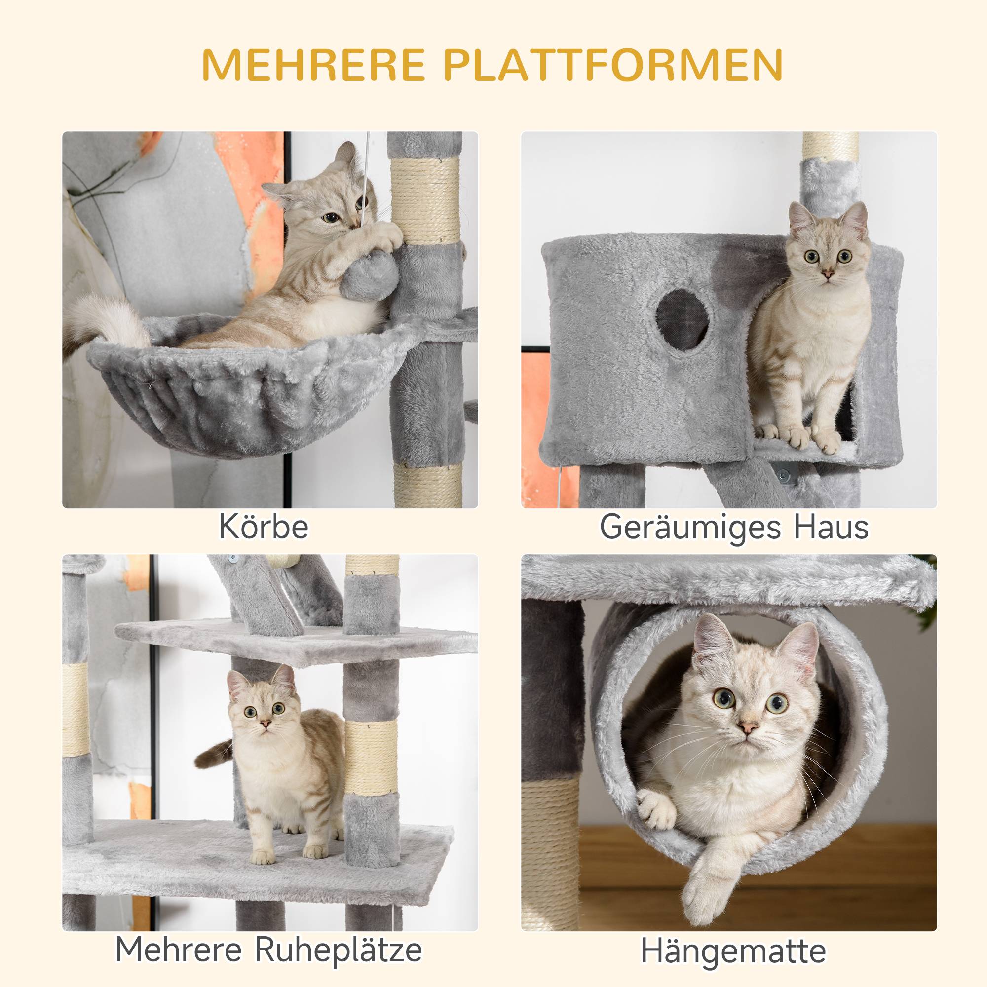 Arbre à chat plafond 240-260 cm balles, niche, hamac, griffoirs sisal, plateformes, grands chats, gris clair - Image 7