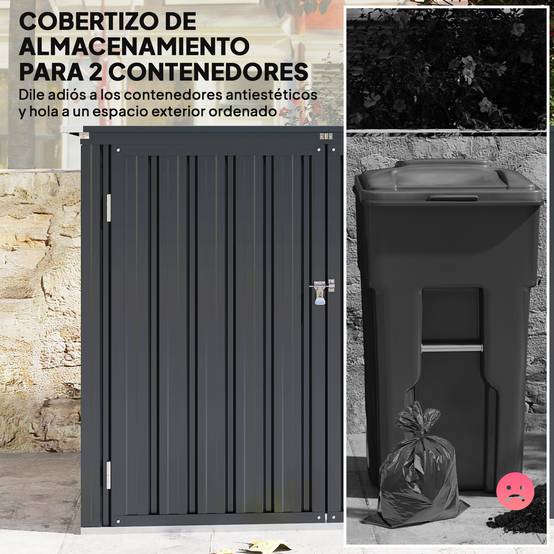 Abri à poubelles double en acier galvanisé de 240 L avec couvercle à charnières et portes verrouillables, gris - Image 6