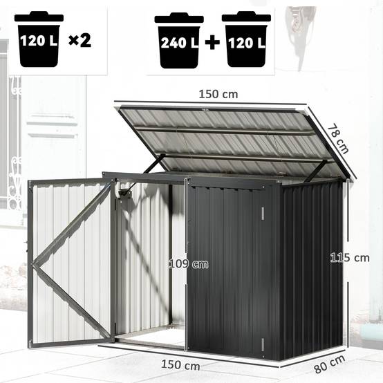 Abri à poubelles double en acier galvanisé de 240 L avec couvercle à charnières et portes verrouillables, gris - Image 5