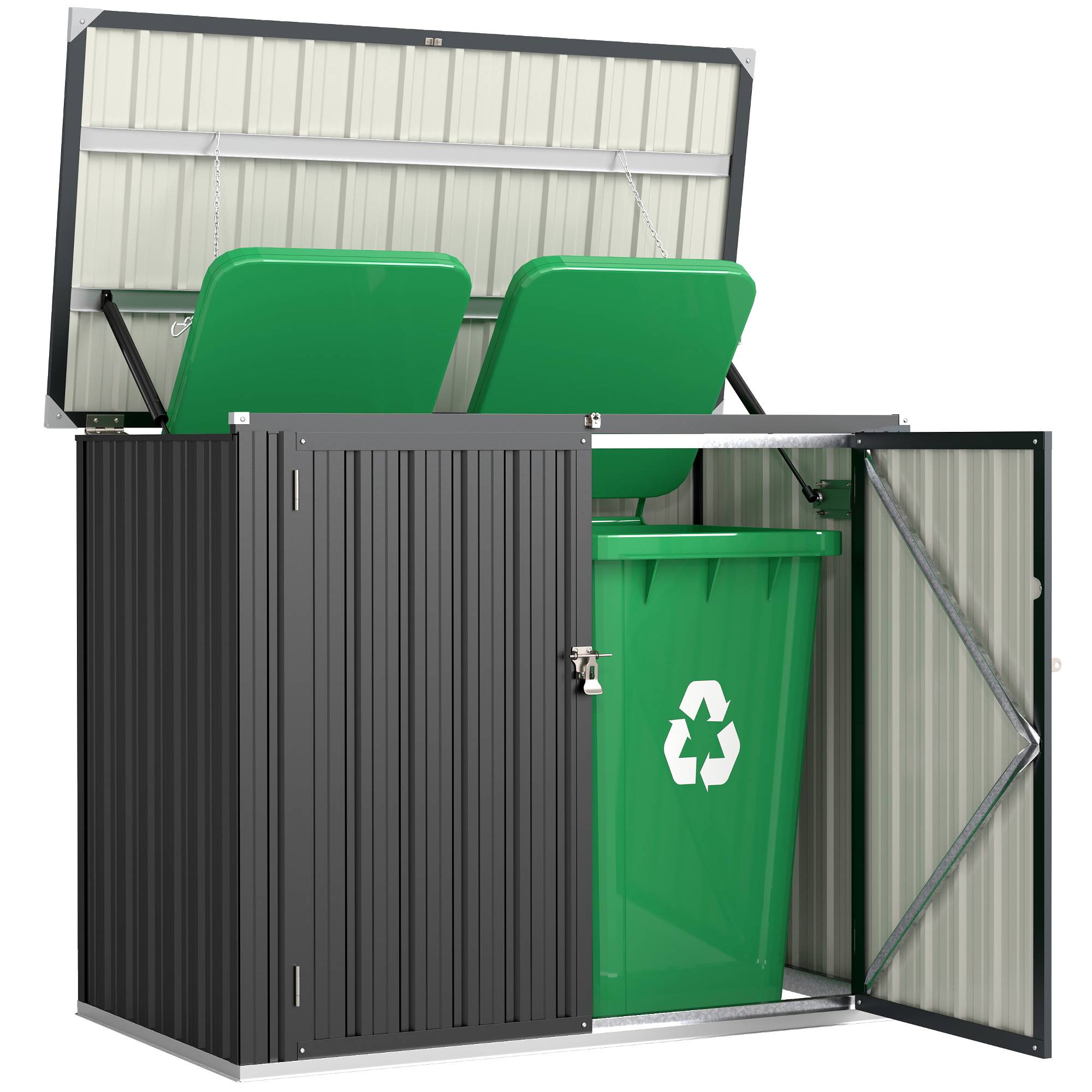 Abri à poubelles double en acier galvanisé de 240 L avec couvercle à charnières et portes verrouillables, gris - Image 1