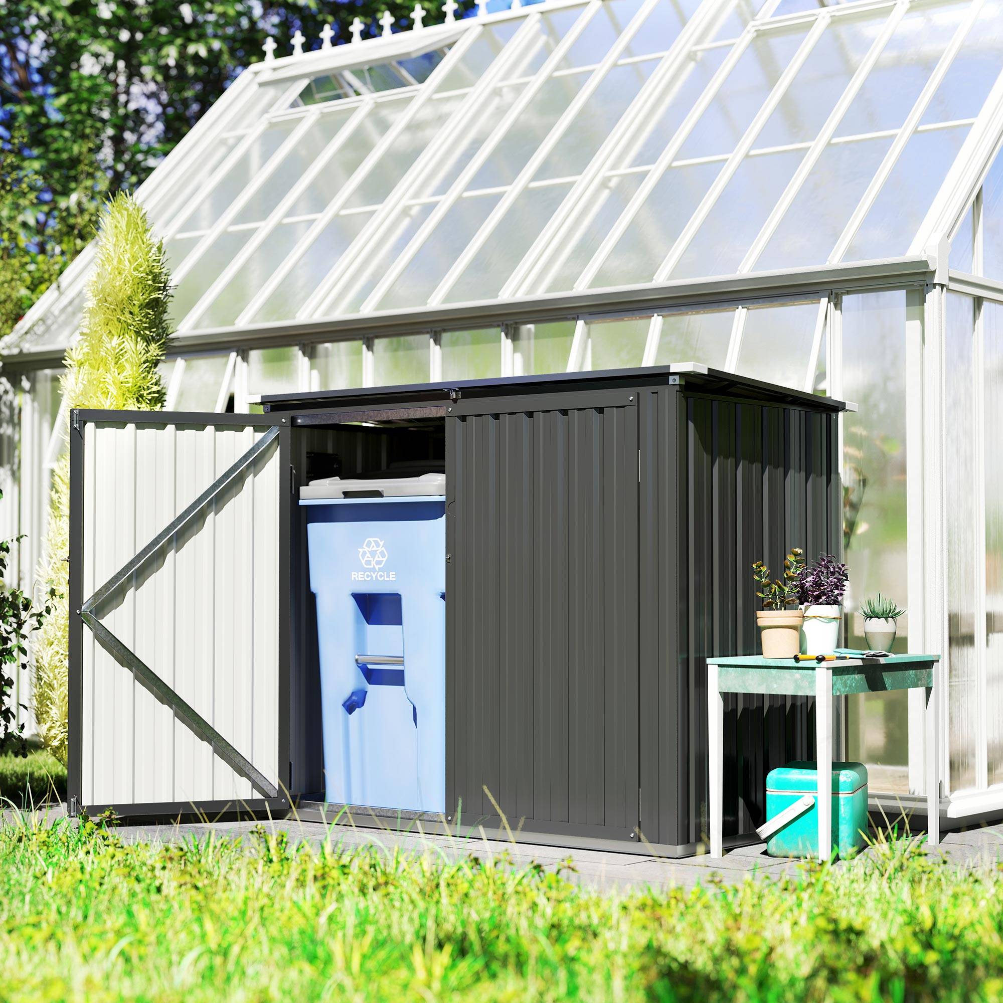 Abri à poubelles double en acier galvanisé de 240 L avec couvercle à charnières et portes verrouillables, gris - Image 3