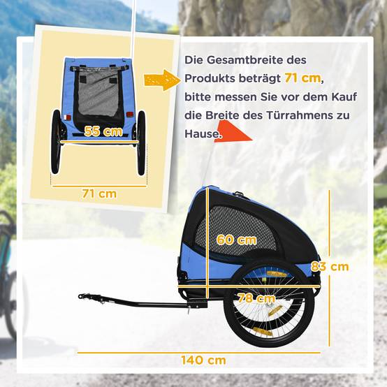 Remorque de vélo pour chien pliable, serrage rapide, résistante à l’eau, tissu oxford et acier, 140 x 71 x 83cm, bleue - Image 3