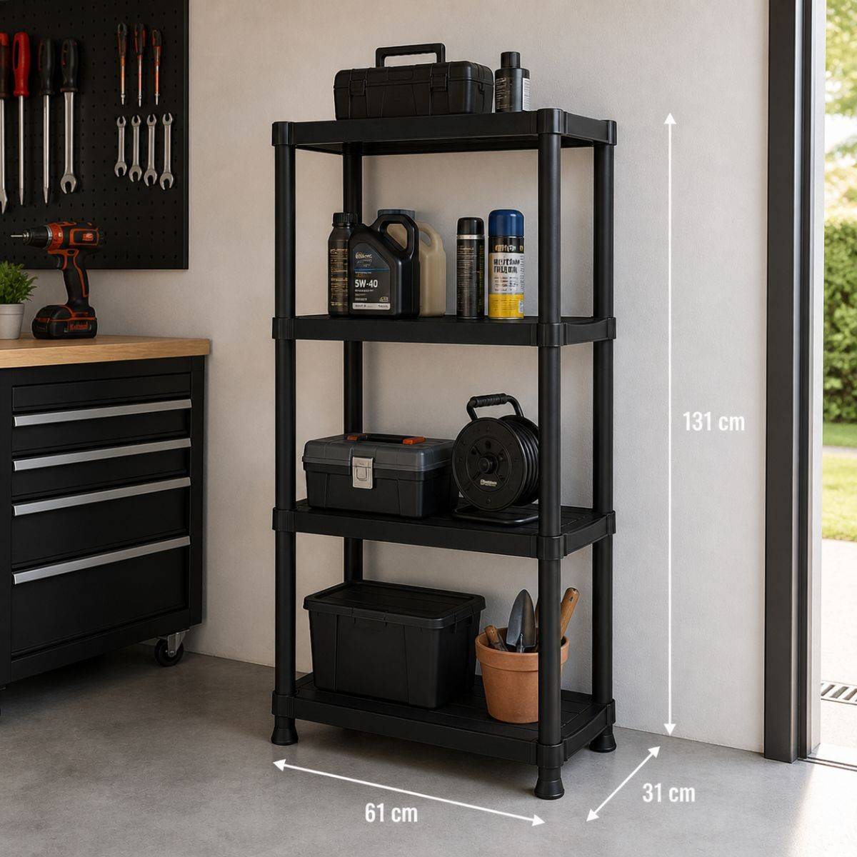 Etagère résine noire 4 tablettes L61xP31xH131cm Charge 30kg par étage ITOOLS - Imagen 3