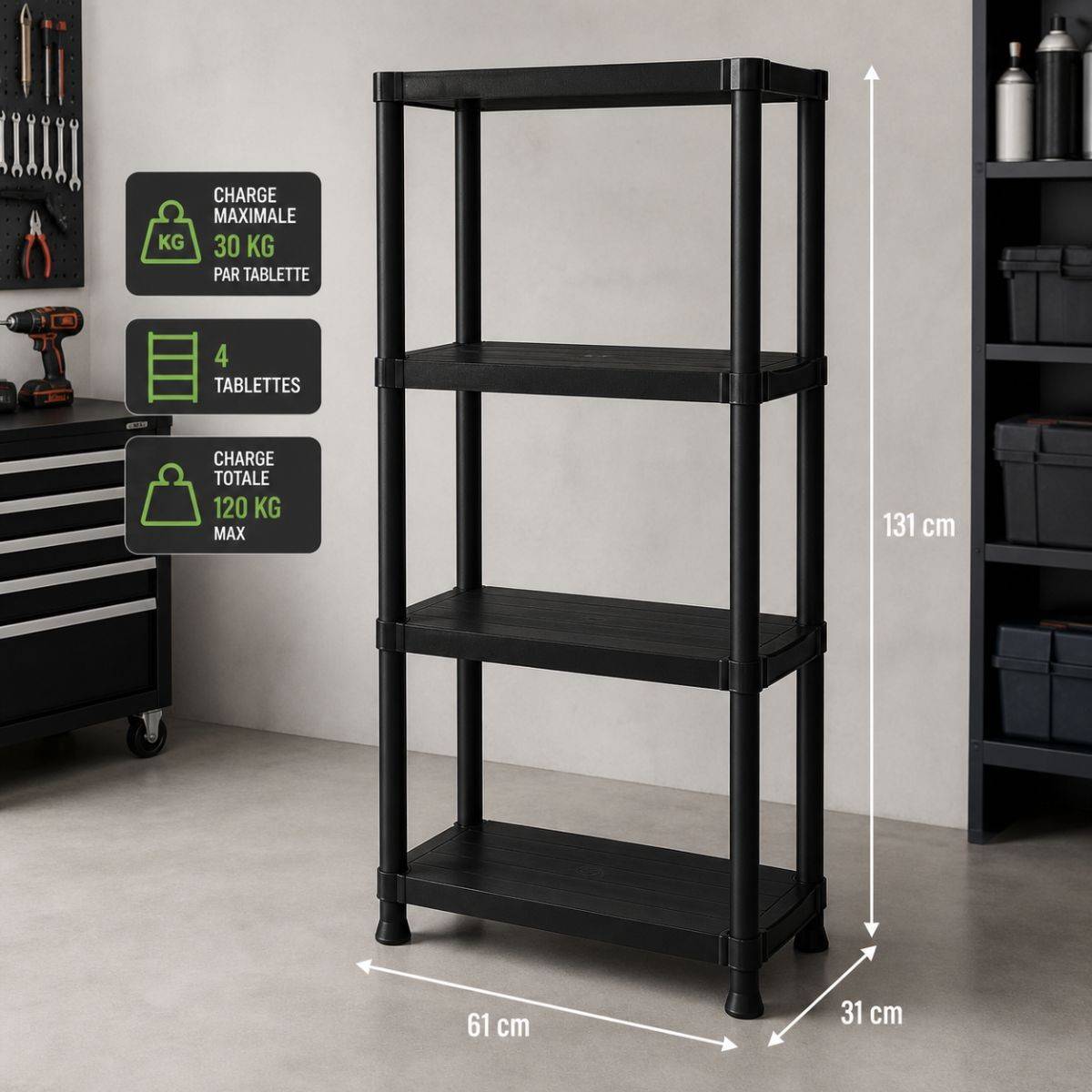 Etagère résine noire 4 tablettes L61xP31xH131cm Charge 30kg par étage ITOOLS - Imagen 2