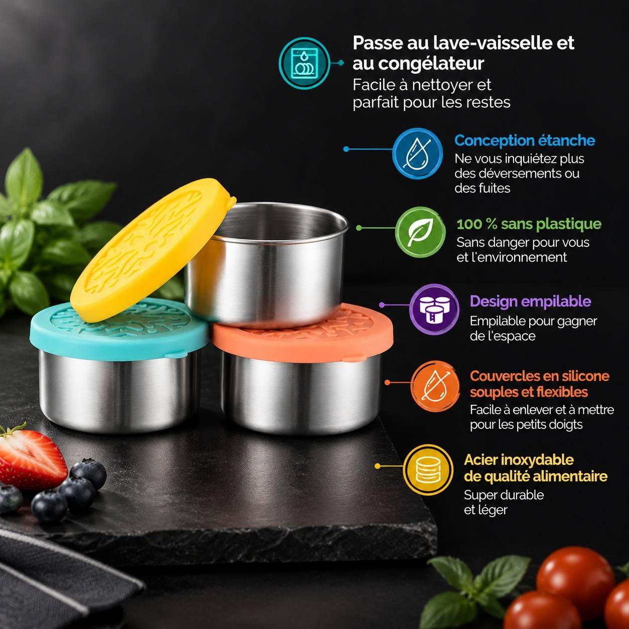 Lot de 3 Boîtes de Conservation Acier Inoxydable avec Couvercles Silicone pour Collations et Repas - Image 4