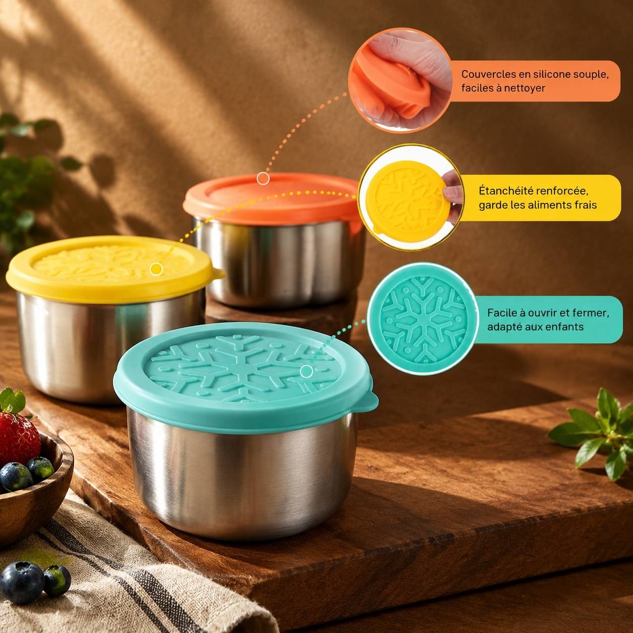 Lot de 3 Boîtes de Conservation Acier Inoxydable avec Couvercles Silicone pour Collations et Repas - Image 3