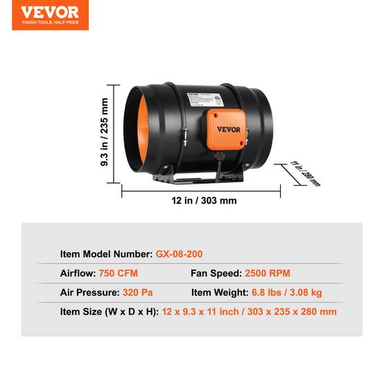 Vevor - VEVOR Ventilateur de conduit 203.2mm, silencieux 860 m³/h, vitesse variable, pour tentes de culture. - Image 7