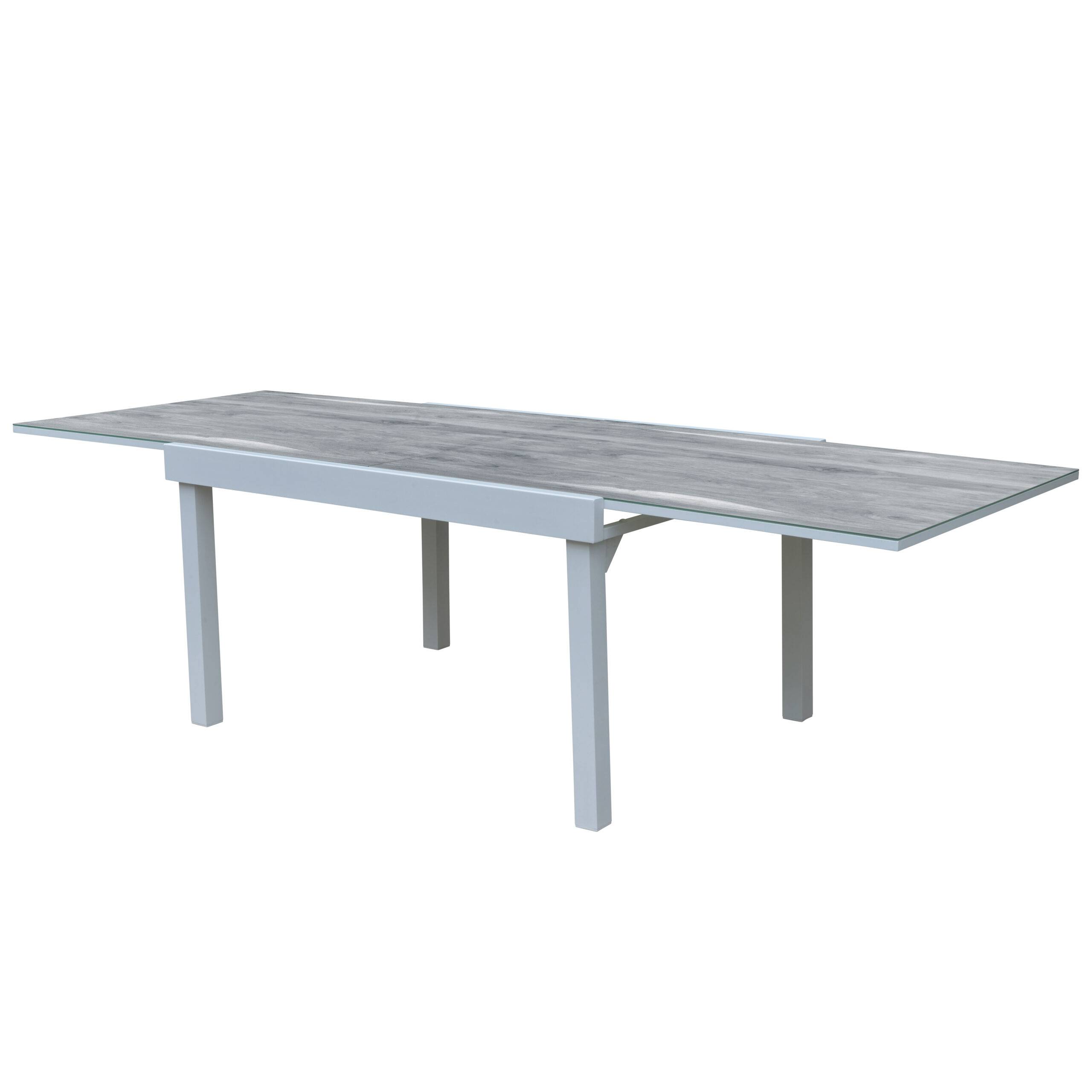 Wilsa Garden - Ensemble MODULO 6/10p en aluminium blanc et verre décors bois avec 6 fauteuils en textilène et 4 chaises pliantes - Imagen 4