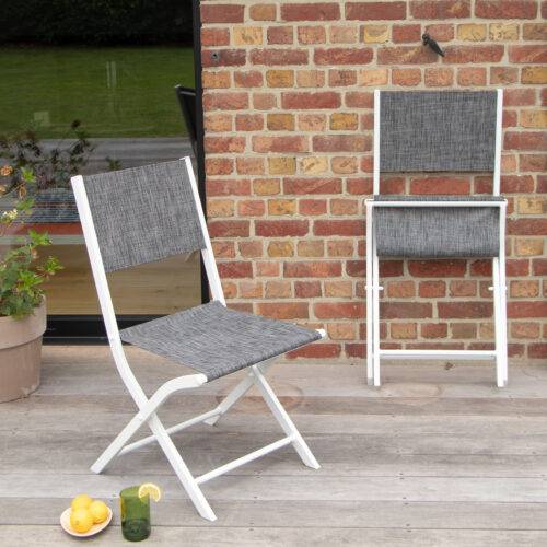 Wilsa Garden - Ensemble MODULO 6/10p en aluminium blanc et verre décors bois avec 6 fauteuils en textilène et 4 chaises pliantes - Imagen 6
