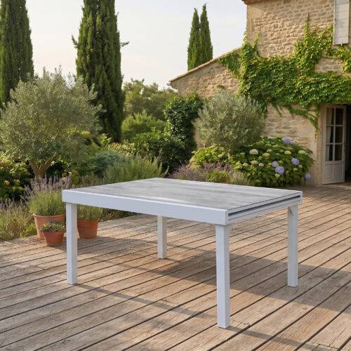 Wilsa Garden - Ensemble MODULO 6/10p en aluminium blanc et verre décors bois avec 6 fauteuils en textilène et 4 chaises pliantes - Imagen 3