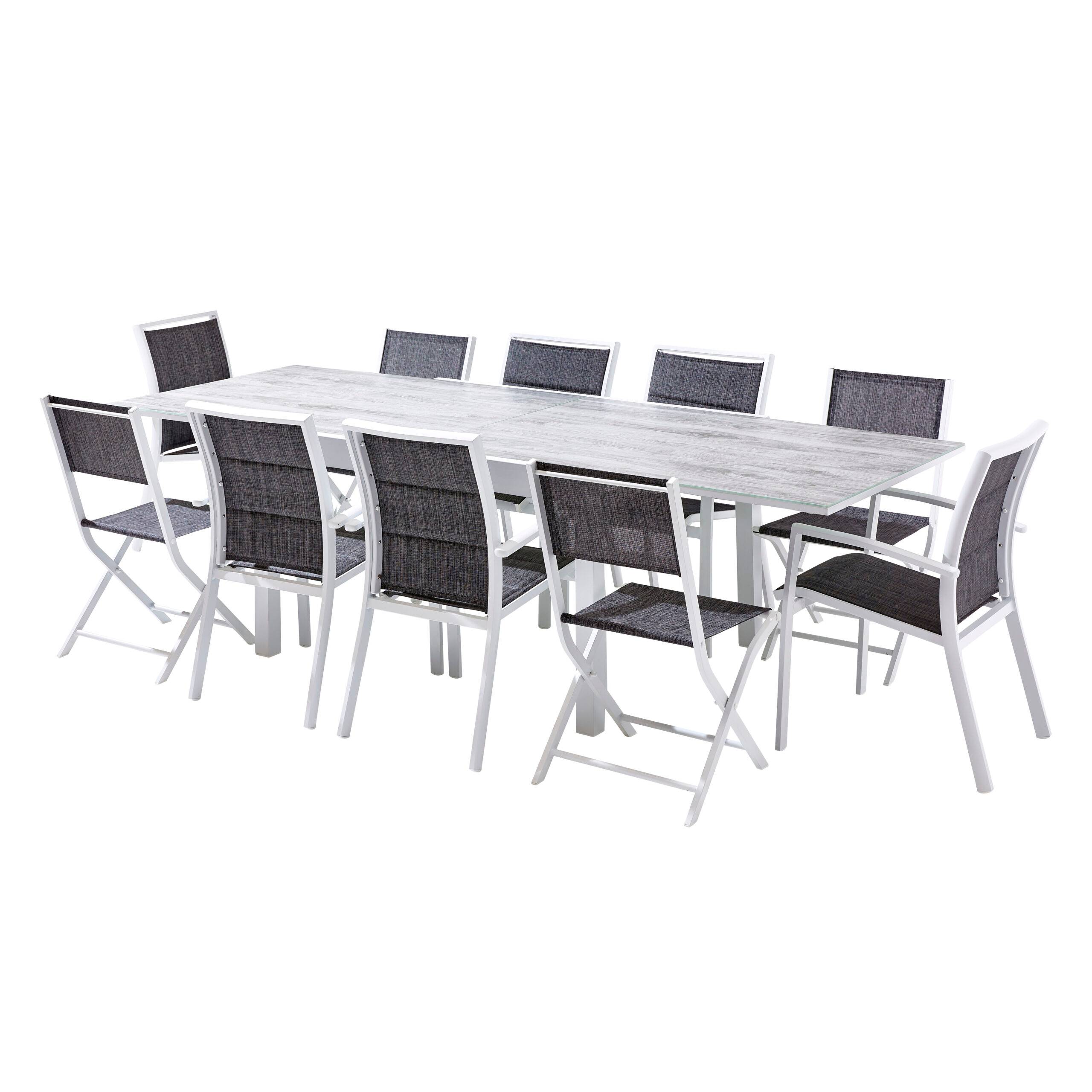 Wilsa Garden - Ensemble MODULO 6/10p en aluminium blanc et verre décors bois avec 6 fauteuils en textilène et 4 chaises pliantes - Imagen 2
