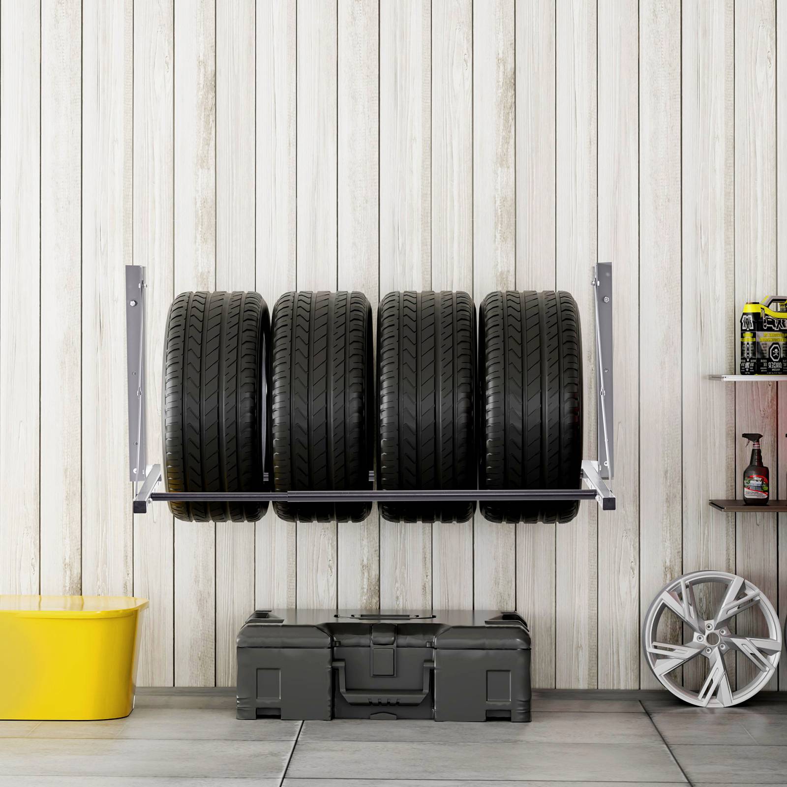 VEVOR Support rangement pneus mural pliable, réglable 81-122 cm, charge 136 kg. - Image 8