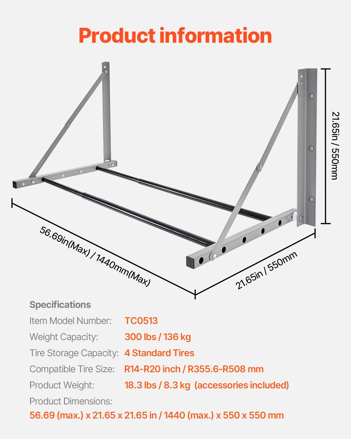 VEVOR Support rangement pneus mural pliable, réglable 81-122 cm, charge 136 kg. - Image 7