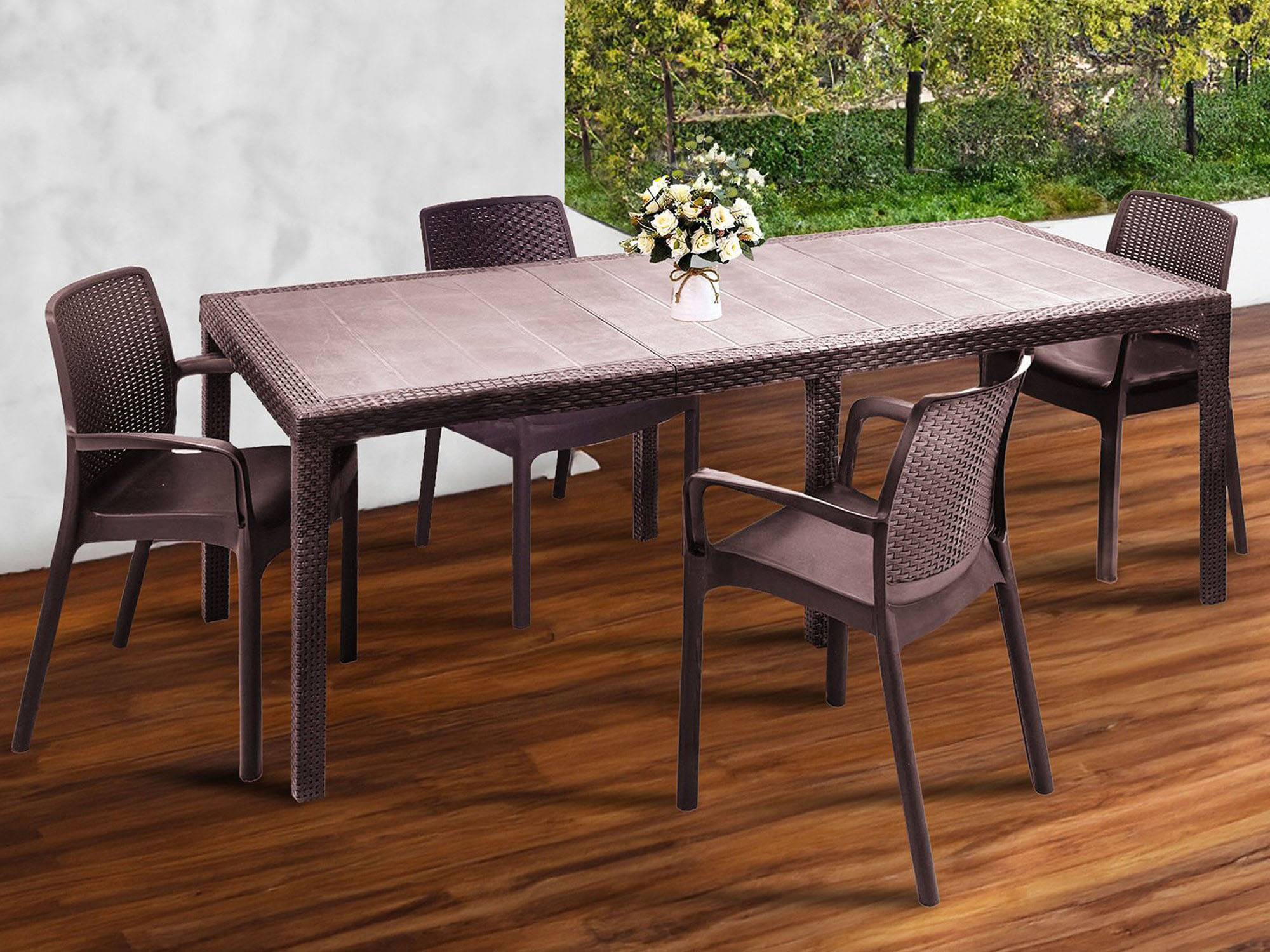 Dmora - Set salon d'extérieur Manarola, Table d'extérieur extensible avec 4 chaises, table et sièges de jardin effet rotin, 100% Made in Italy, marron - Imagen 4