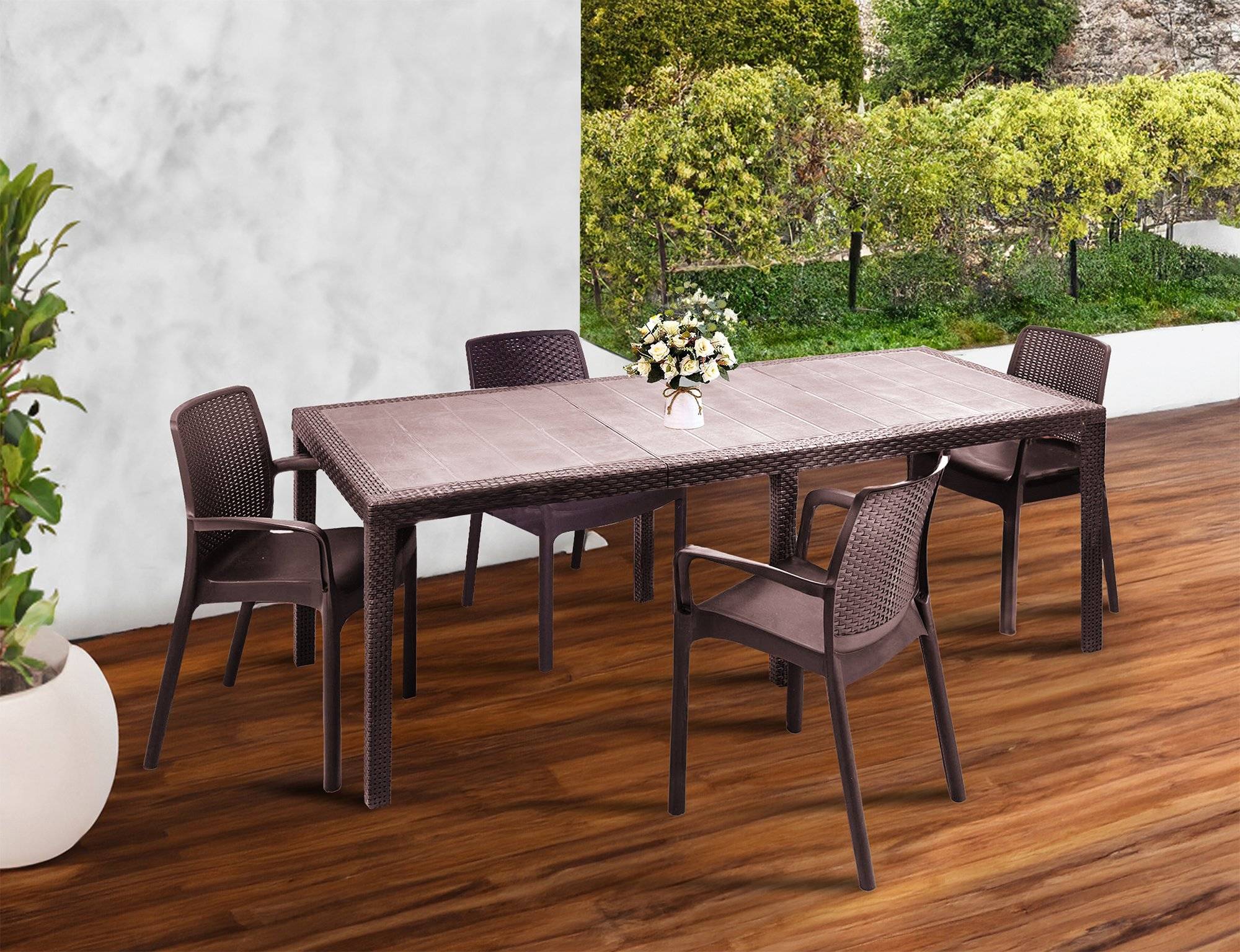 Dmora - Set salon d'extérieur Manarola, Table d'extérieur extensible avec 4 chaises, table et sièges de jardin effet rotin, 100% Made in Italy, marron - Imagen 5