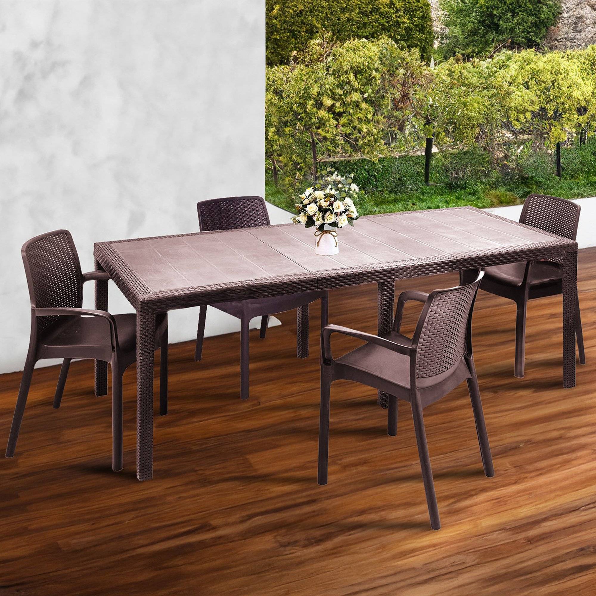 Dmora - Set salon d'extérieur Manarola, Table d'extérieur extensible avec 4 chaises, table et sièges de jardin effet rotin, 100% Made in Italy, marron - Imagen 2