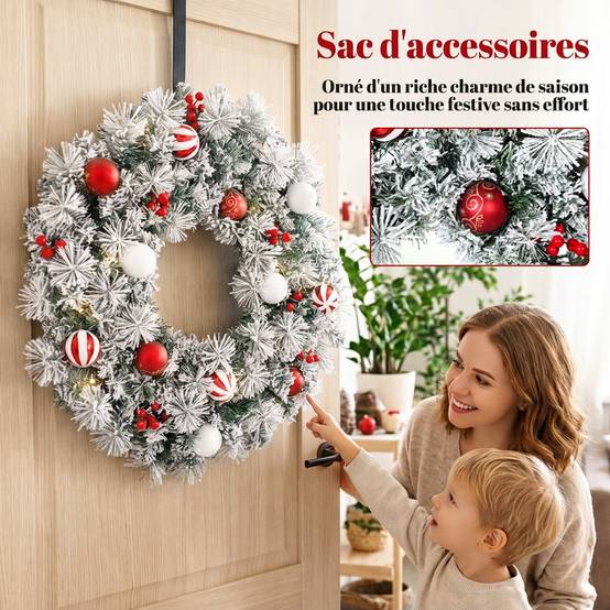 ComfortXL - Couronne de Noël lumineuse en PVC vert enneigé 60 cm avec 50 LED blanc chaud pour porte et porche abrité - Image 6