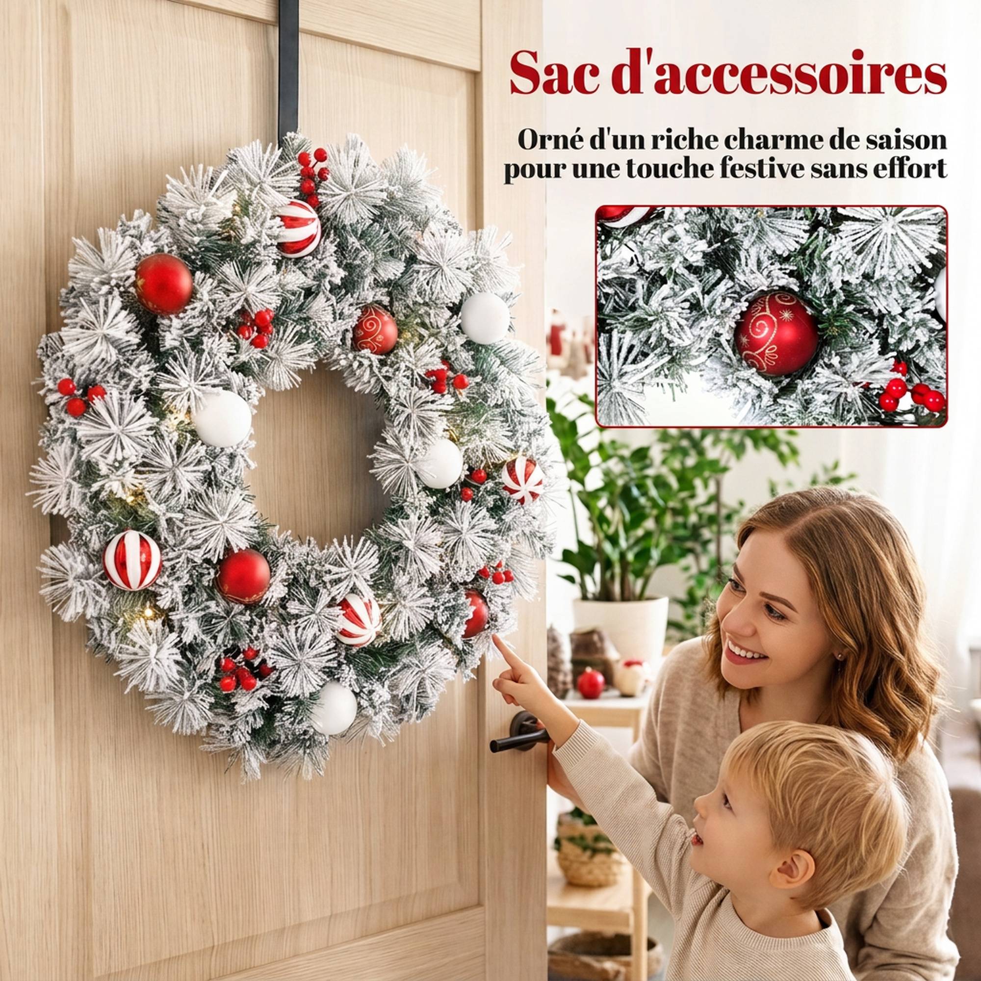 ComfortXL - Couronne de Noël lumineuse en PVC vert enneigé 60 cm avec 50 LED blanc chaud pour porte et porche abrité - Image 6