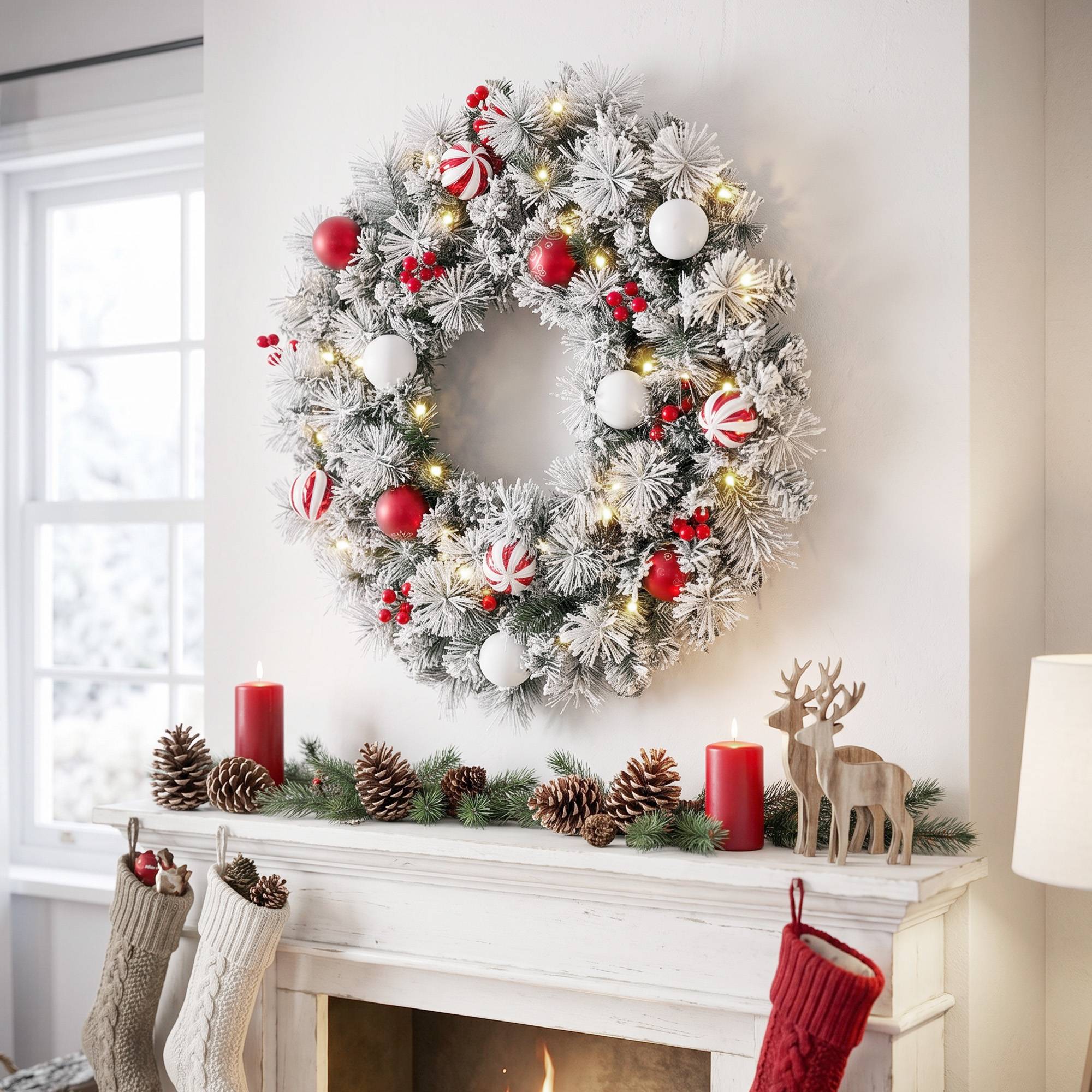 ComfortXL - Couronne de Noël lumineuse en PVC vert enneigé 60 cm avec 50 LED blanc chaud pour porte et porche abrité - Image 1