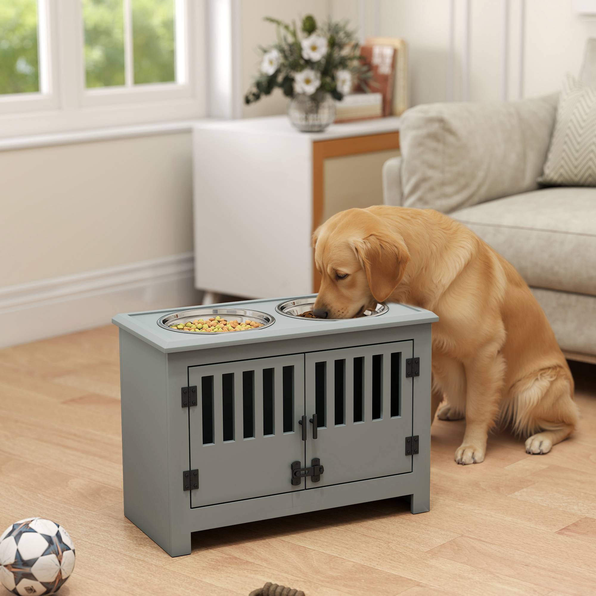 Sans Marque - Station d'alimentation surélevée pour grands chiens, 2 gamelles en acier inoxydable, espace de rangement, 35,5 x 60 x 30 cm, grise - Image 3