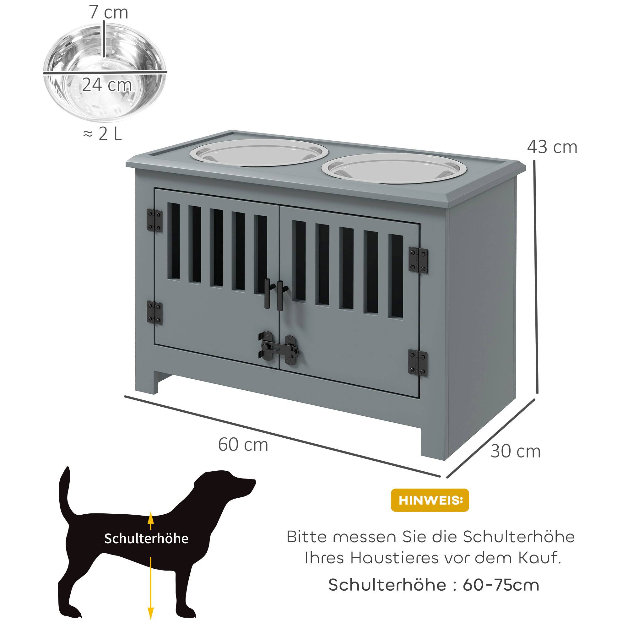 Sans Marque - Station d'alimentation surélevée pour grands chiens, 2 gamelles en acier inoxydable, espace de rangement, 35,5 x 60 x 30 cm, grise - Image 5