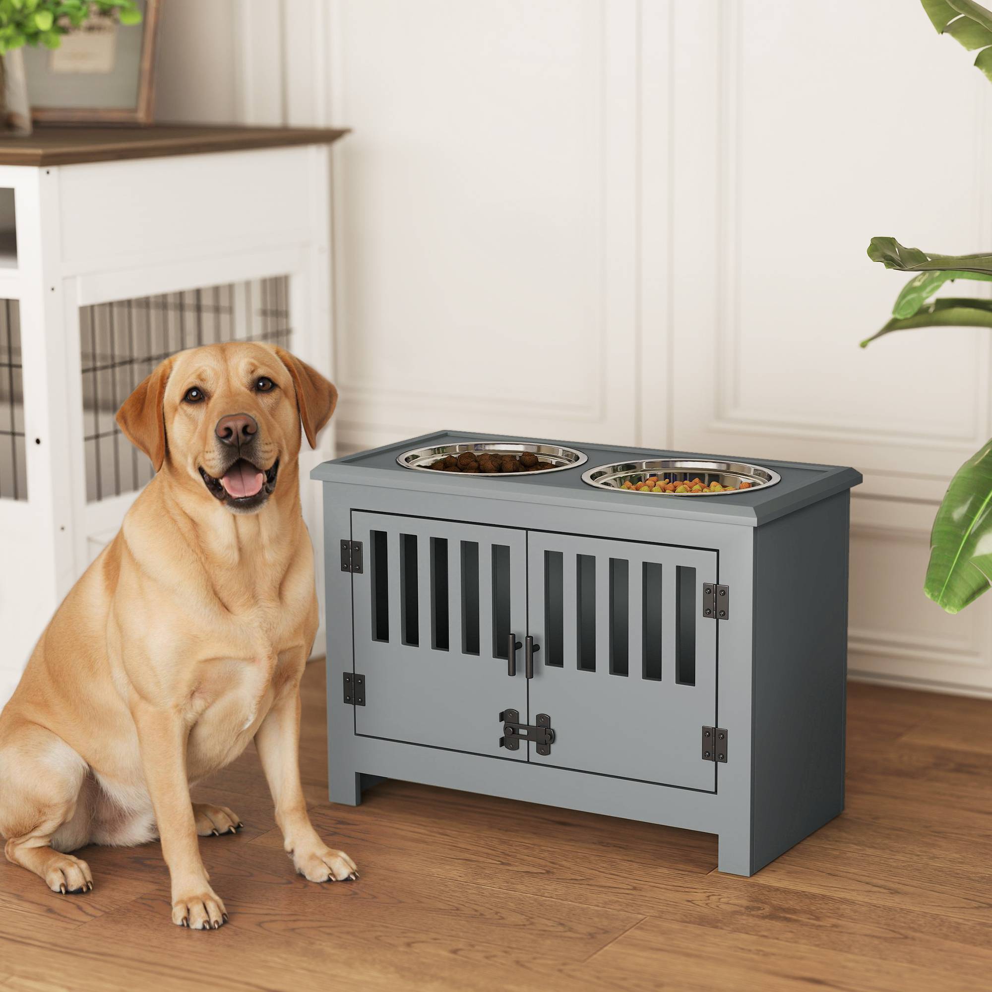 Sans Marque - Station d'alimentation surélevée pour grands chiens, 2 gamelles en acier inoxydable, espace de rangement, 35,5 x 60 x 30 cm, grise - Image 4