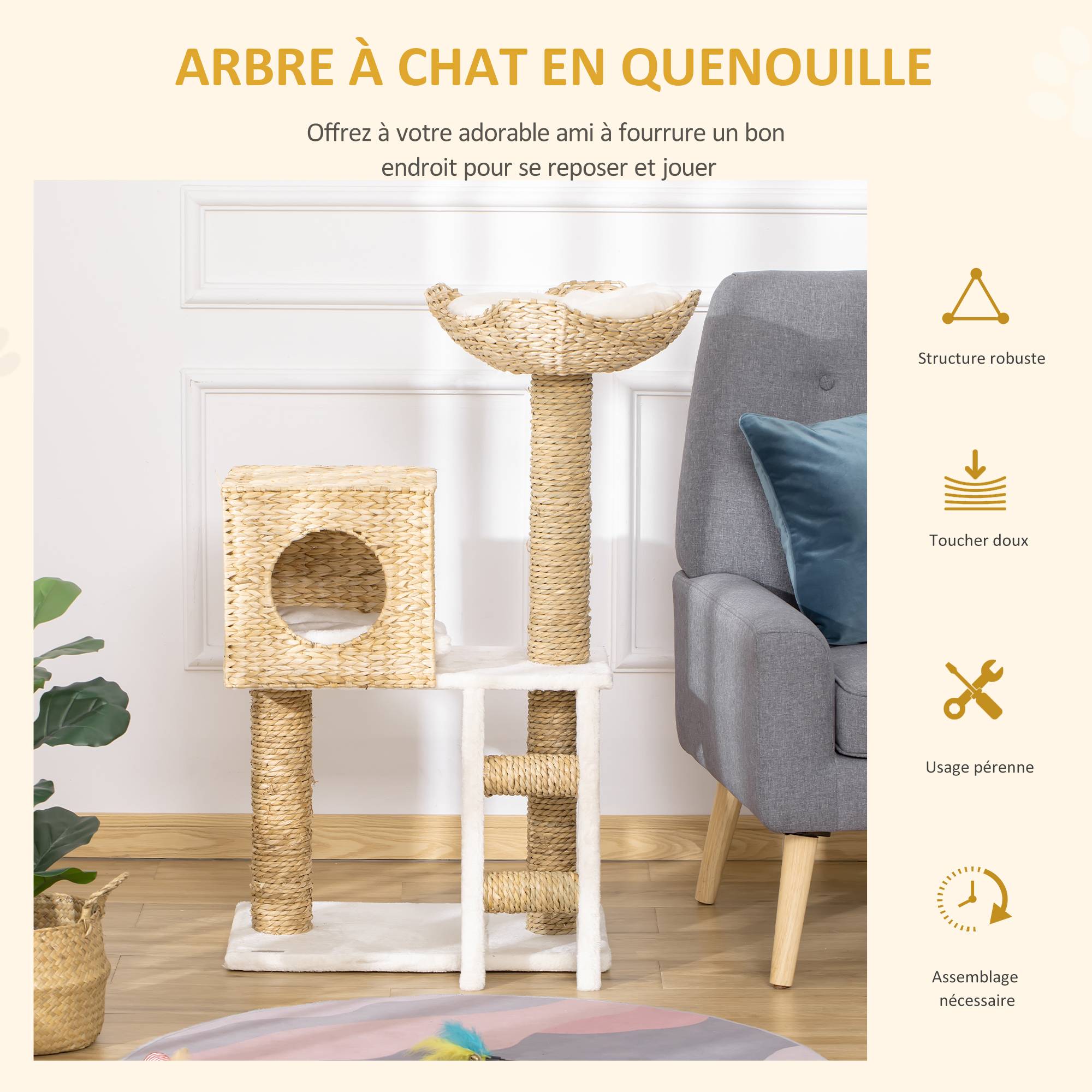 Pawhut - Arbre à chat style cosy chic griffoirs quenouille échelle niche panier 2 coussins inclus peluche courte polyester haute densité crème beige - Imagen 4