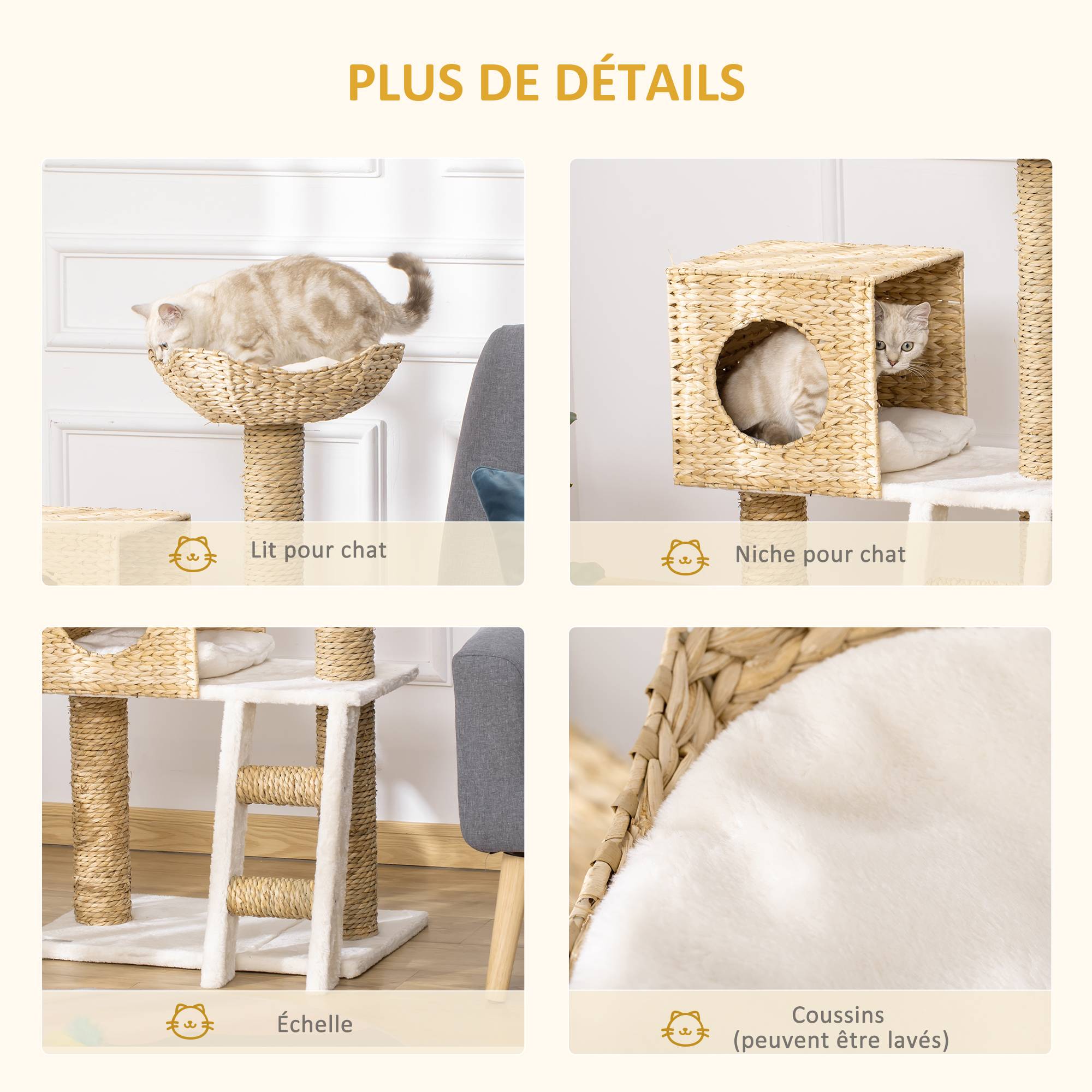 Pawhut - Arbre à chat style cosy chic griffoirs quenouille échelle niche panier 2 coussins inclus peluche courte polyester haute densité crème beige - Imagen 5
