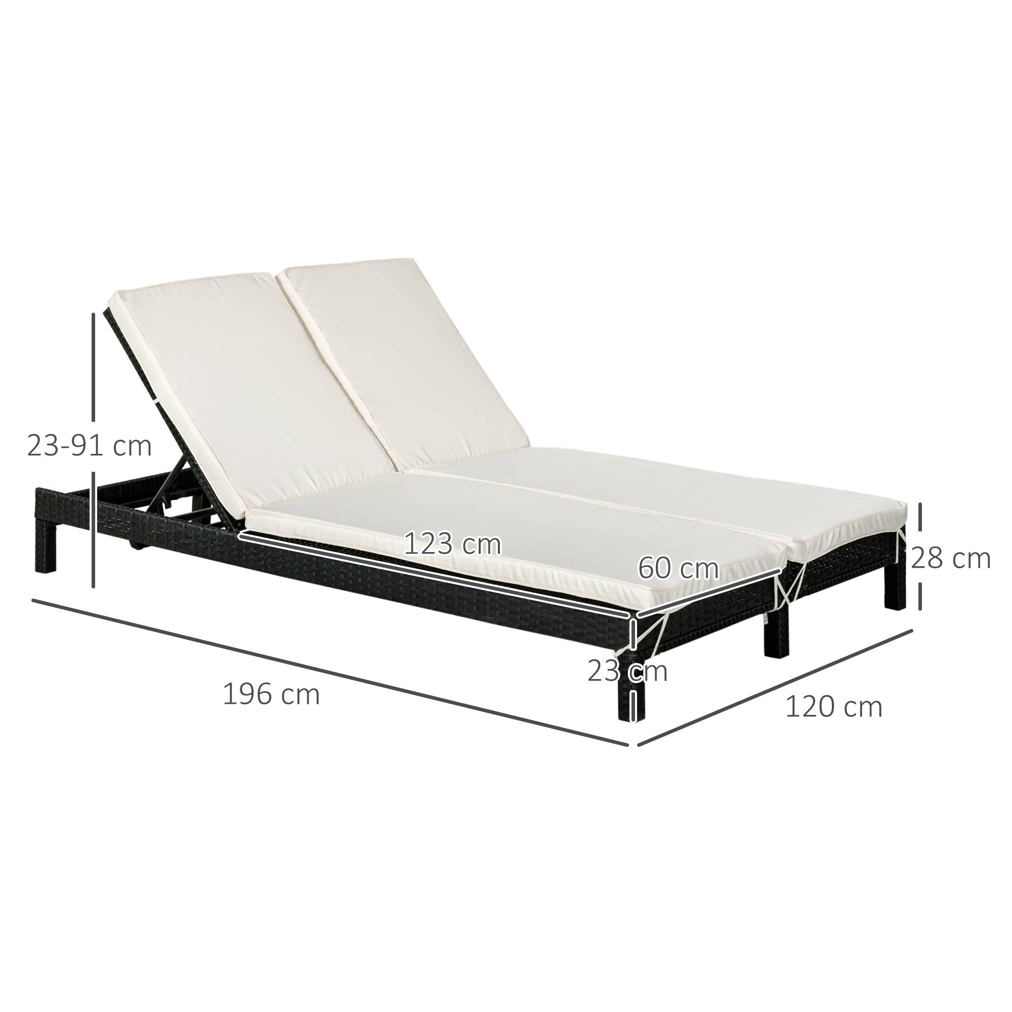 Outsunny - Bain de soleil transat 2 places - grand confort - dossier inclinable multi-positions - matelas fournis crème - résine tressée 4 fils noir - Outsunny - Imagen 3