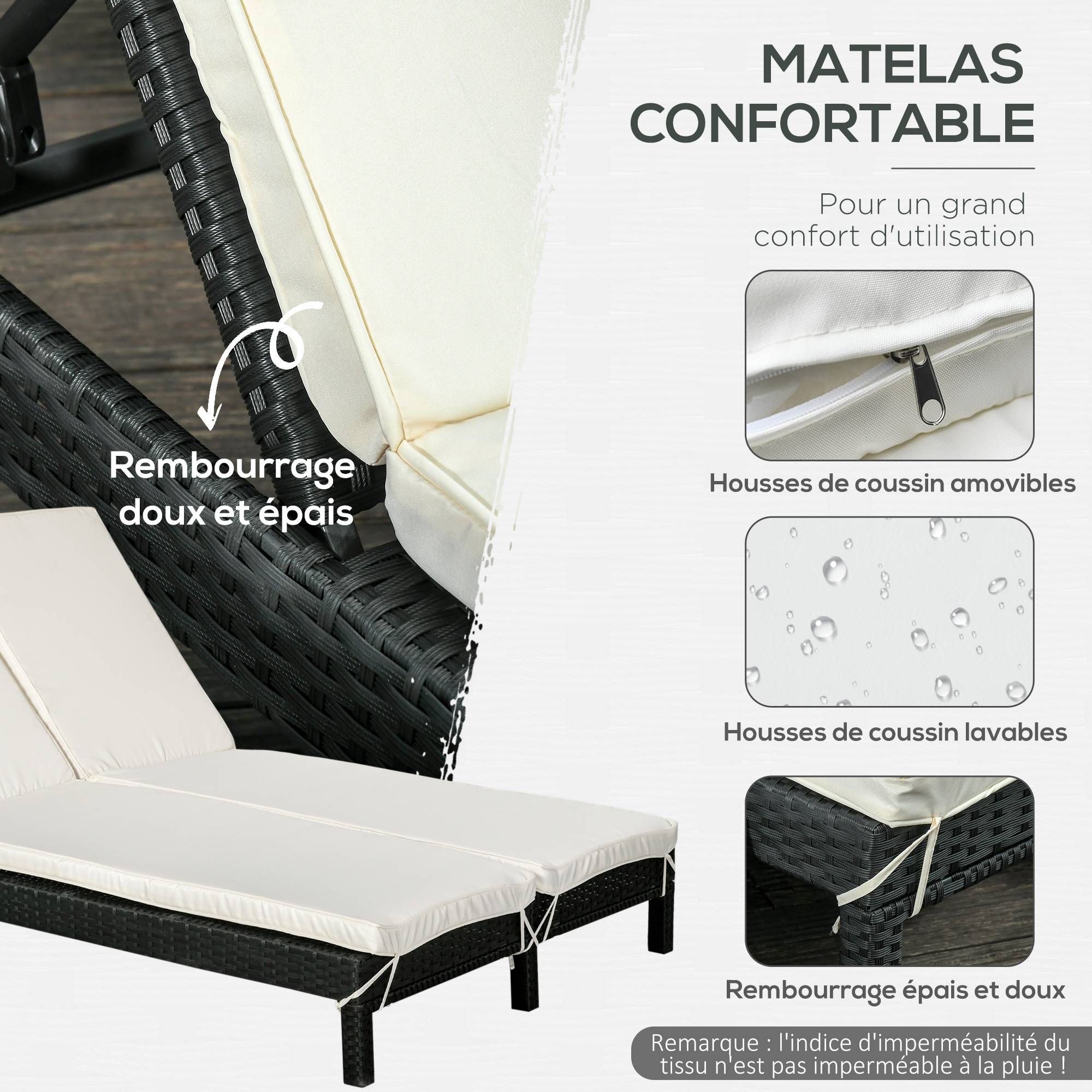 Outsunny - Bain de soleil transat 2 places - grand confort - dossier inclinable multi-positions - matelas fournis crème - résine tressée 4 fils noir - Outsunny - Imagen 6