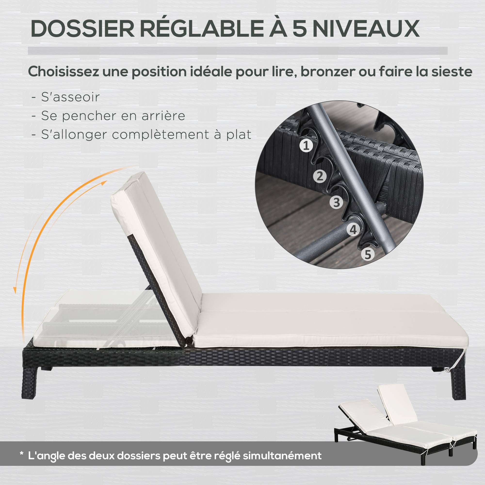 Outsunny - Bain de soleil transat 2 places - grand confort - dossier inclinable multi-positions - matelas fournis crème - résine tressée 4 fils noir - Outsunny - Imagen 5