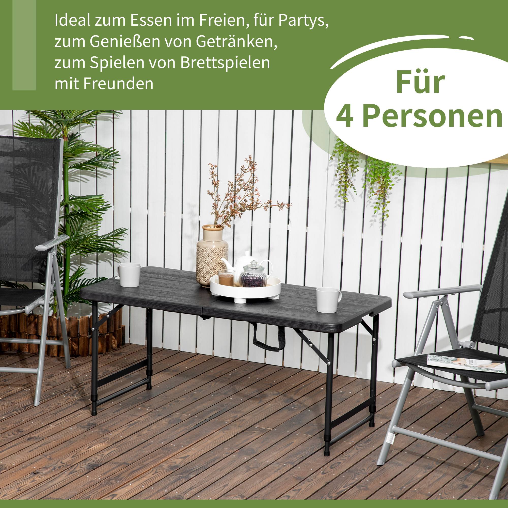Table d'extérieur, table de jardin, pour 4 personnes, pliable, hauteur réglable, aspect bois, gris et noir, 118 x 60 x 74 cm - Image 6