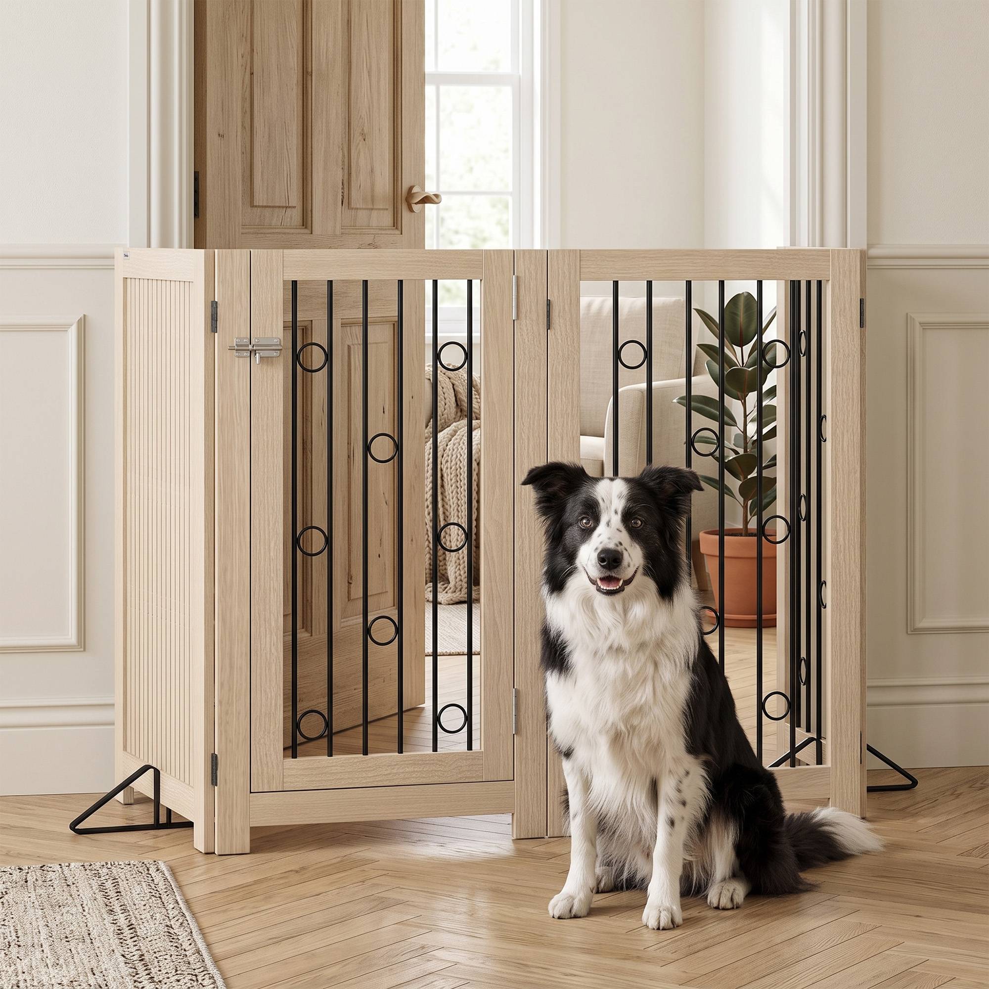 Barrière autoportante pour animal avec porte, 4 panneaux, couloir, escalier, porte, MDF, acier - Image 10