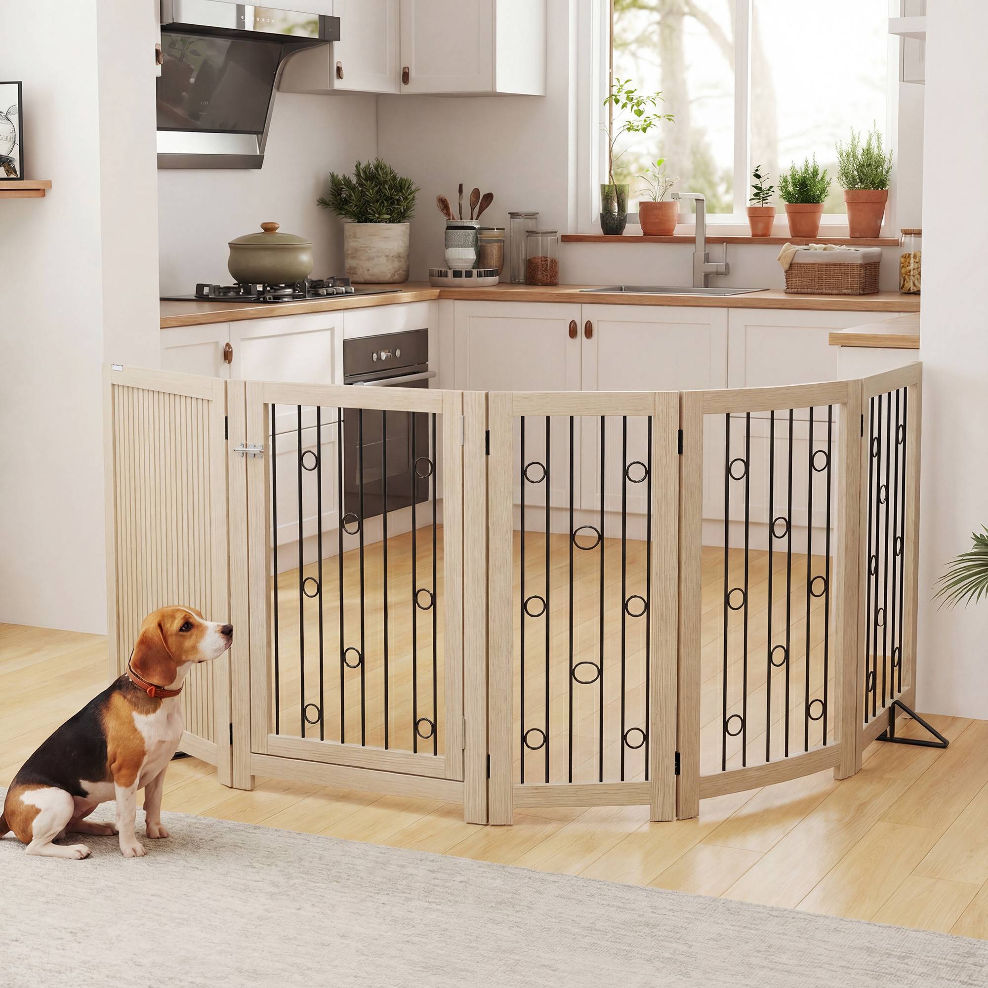Barrière autoportante pour animal avec porte, 4 panneaux, couloir, escalier, porte, MDF, acier - Image 4