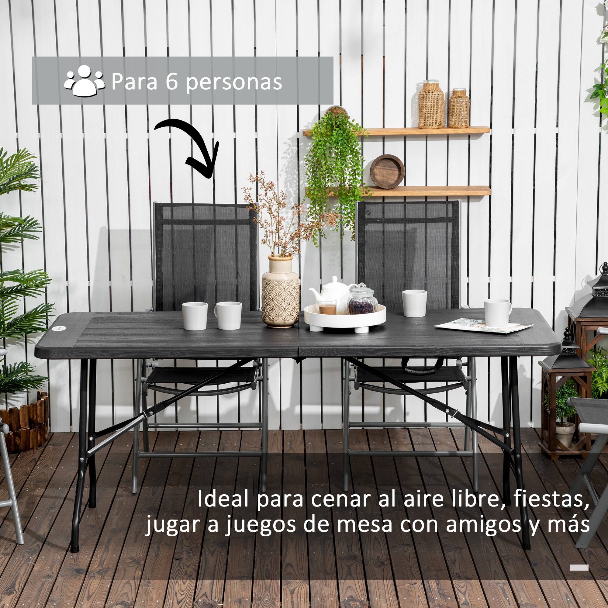 Table de jardin pliante rectangulaire acier HDPE pour pique-nique 6 personnes gris foncé - ComfortXL Outdoor Living - Image 6