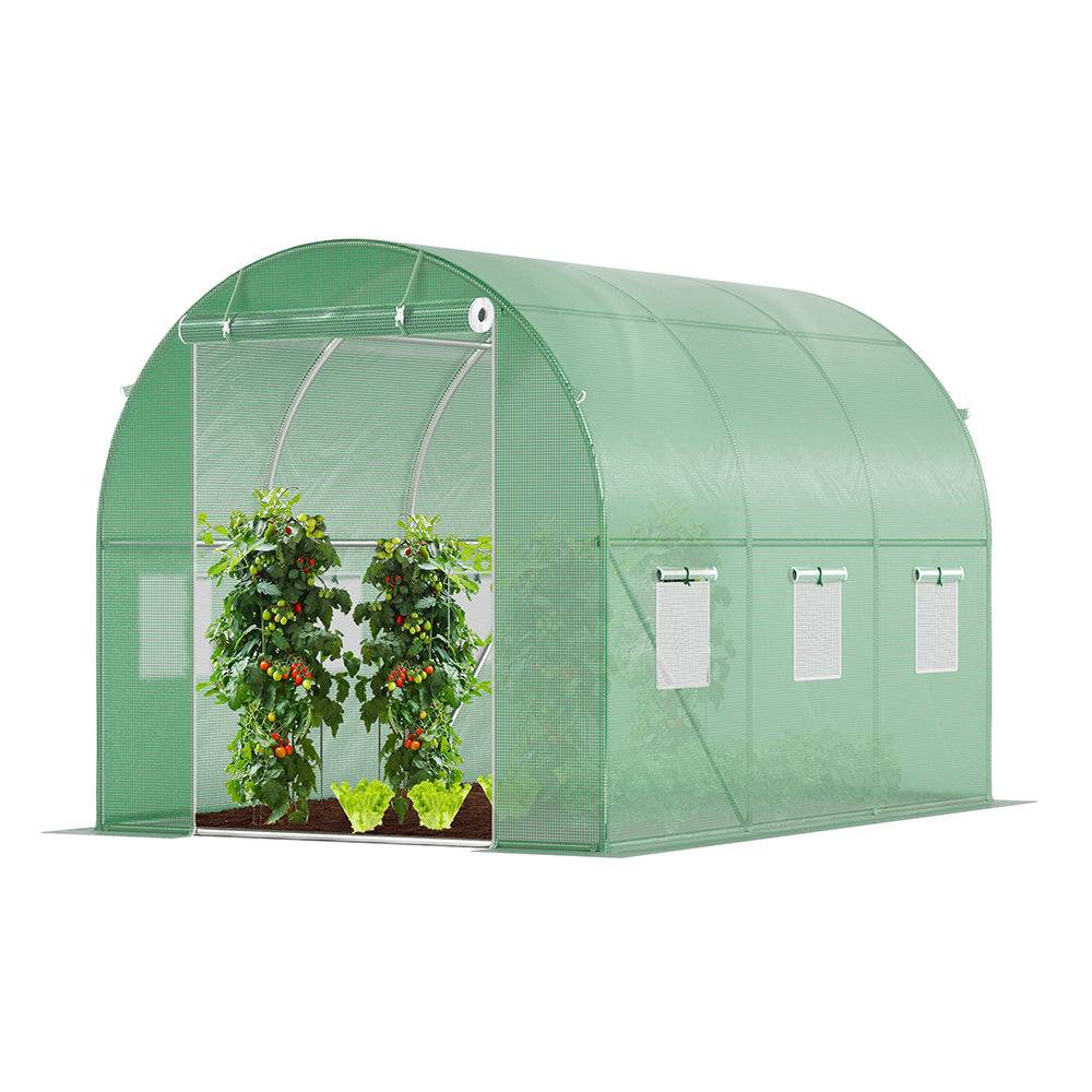 Serre de jardin tunnel 6m² en acier galvanisé - 3L x 2l x 2H m - fenêtre anti-moustiquaire, porte enroulable, barre anti-tempête