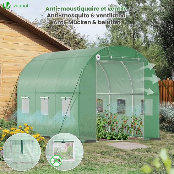 Serre de jardin tunnel 6m² en acier galvanisé - 3L x 2l x 2H m - fenêtre anti-moustiquaire, porte enroulable, barre anti-tempête - Image 4