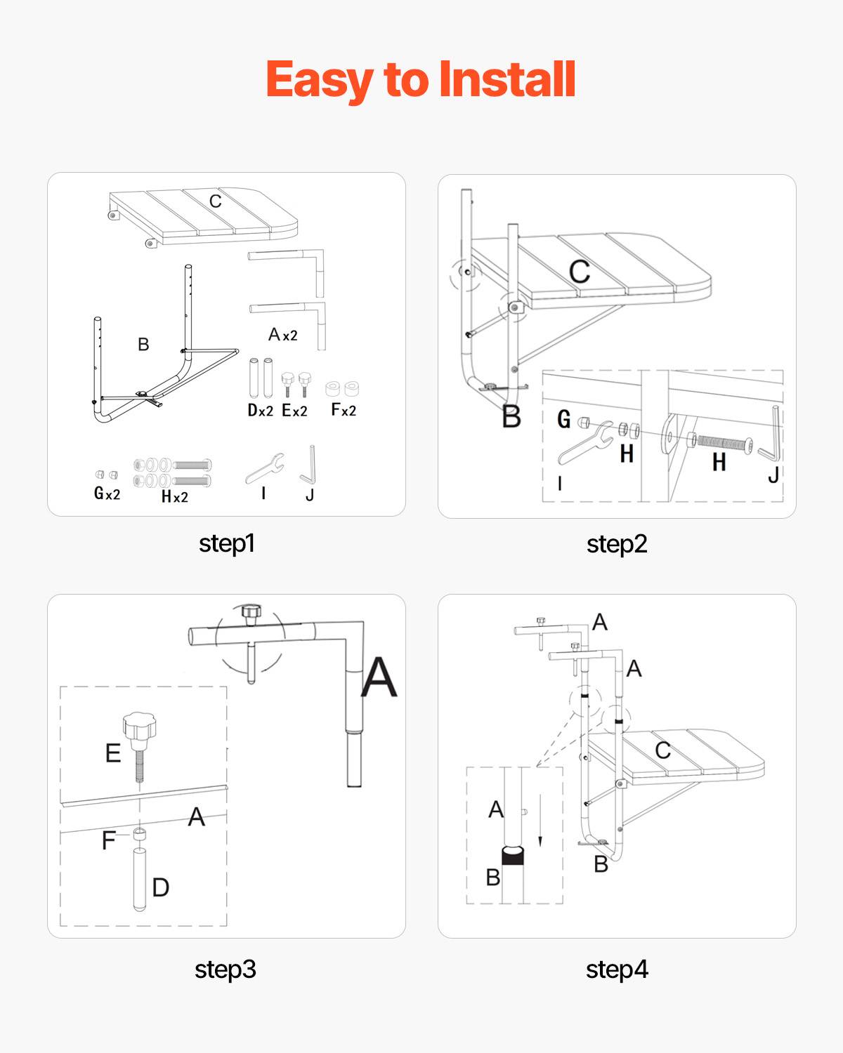 VEVOR Table suspendue balcon 595x620x800 mm, pliante, 4 niveaux. Plateau 595x400 mm, garde-corps. - Image 4