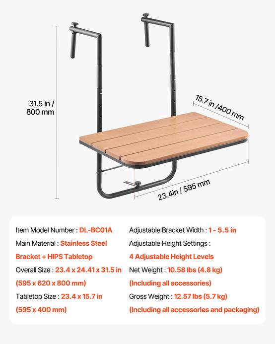 VEVOR Table suspendue balcon 595x620x800 mm, pliante, 4 niveaux. Plateau 595x400 mm, garde-corps. - Image 7