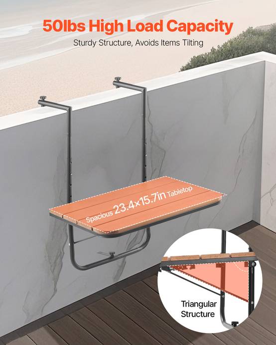 VEVOR Table suspendue balcon 595x620x800 mm, pliante, 4 niveaux. Plateau 595x400 mm, garde-corps. - Image 3
